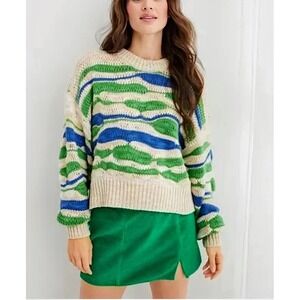 Aerie Intarsia Sweater XS Bremen‎ Green Blue Knit Wool Cropped Chunky Wavy Crew